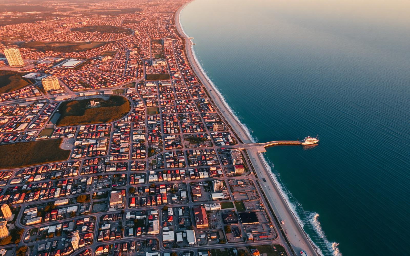 Aerial view of an Orange County coastal city at golden hour